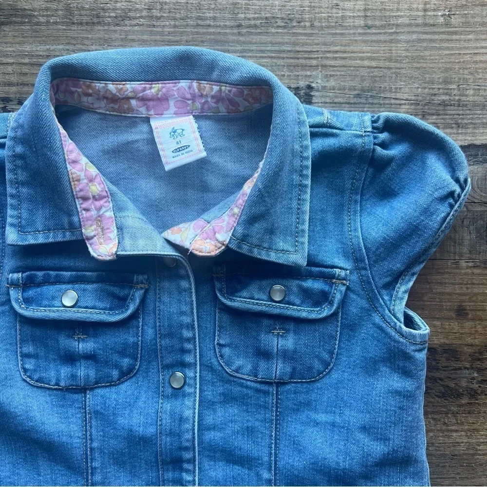 Vintage Old Navy Toddler Girls Denim Pearl Snap Button Retro Dress Size 4t